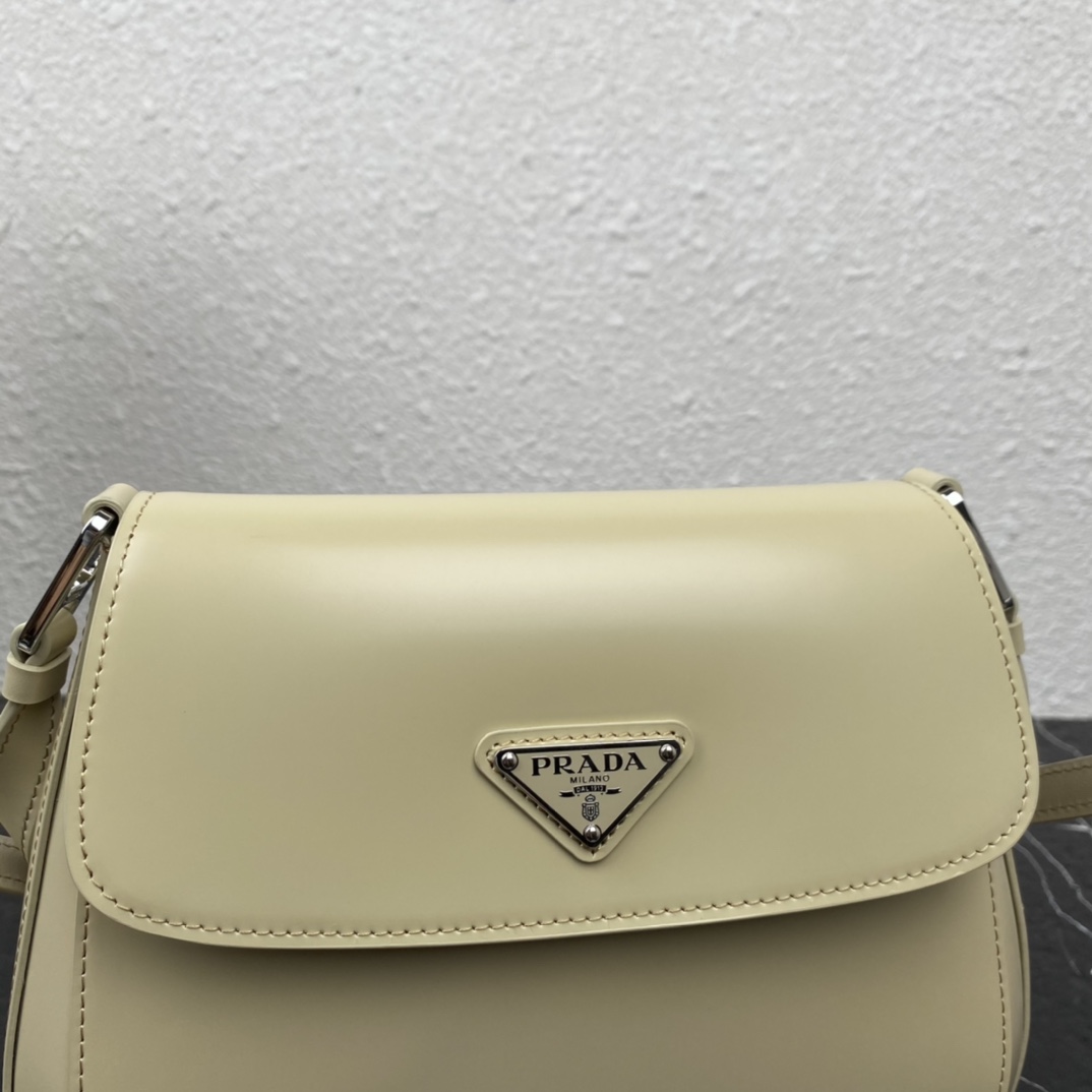 Prada Cleo Brushed Leather Shoulder Bag With Flap Vanilla 1BD303